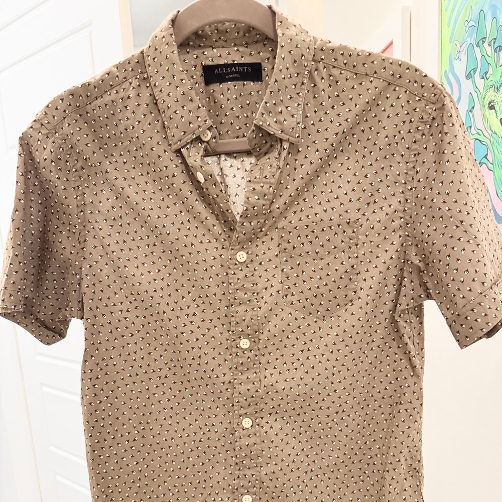 New w/o tags All Saints Tan Casual Button Down Shirt with Short Sleeves